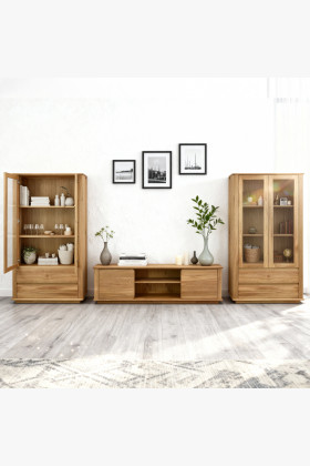 Wohnwand Monako massiv Eiche TV-Kommode Vitrine naturholz